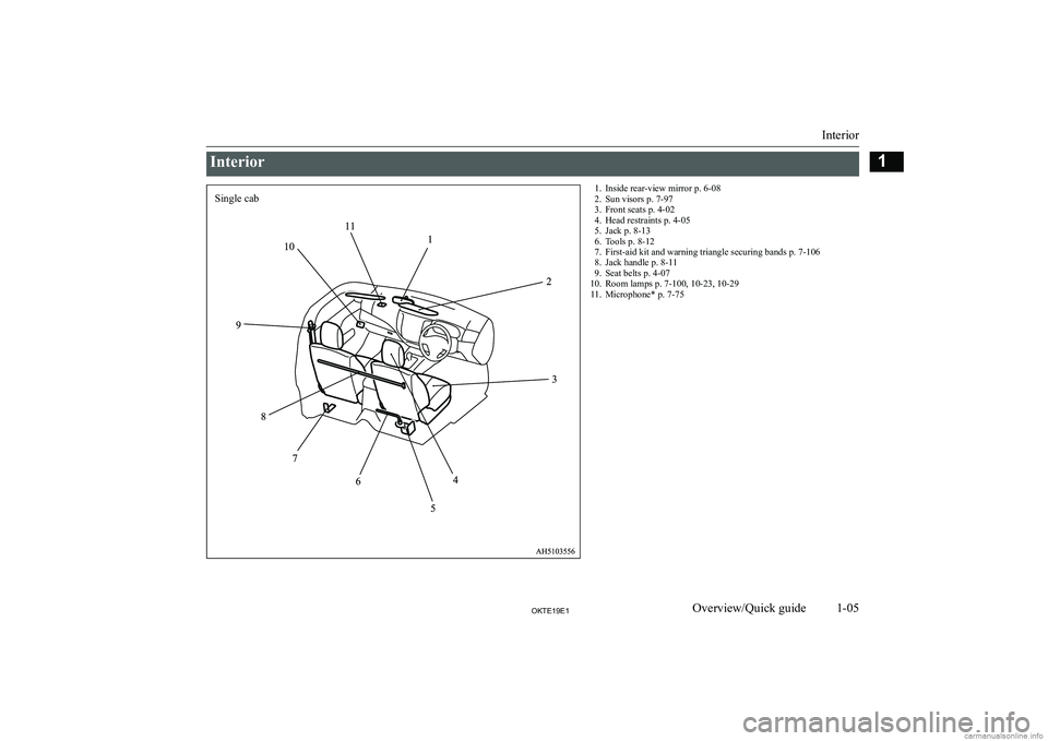 MITSUBISHI L200 2019  Owners Manual (in English) �I�n�t�e�r�i�o�r� �1�. �I�n�s�i�d�e� �r�e�a�r�-�v�i�e�w� �m�i�r�r�o�r� �p�.� �6�-�0�8
�2�. �S�u�n� �v�i�s�o�r�s� �p�.� �7�-�9�7
�3�. �F�r�o�n�t� �s�e�a�t�s� �p�.� �4�-�0�2
�4�. �H�e�a�d� �r�e�s�t�r�a�