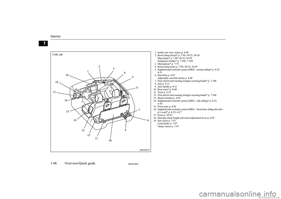 MITSUBISHI L200 2019  Owners Manual (in English) �1�. �I�n�s�i�d�e� �r�e�a�r�-�v�i�e�w� �m�i�r�r�o�r� �p�.� �6�-�0�8
�2�. �R�o�o�m� �l�a�m�p� �(�f�r�o�n�t�)�*� �p�.� �7�-�9�9�,� �1�0�-�2�3�,� �1�0�-�2�9 �M�a�p� �l�a�m�p�s�*� �p�.� �7�-�9�9�,� �1�0�-