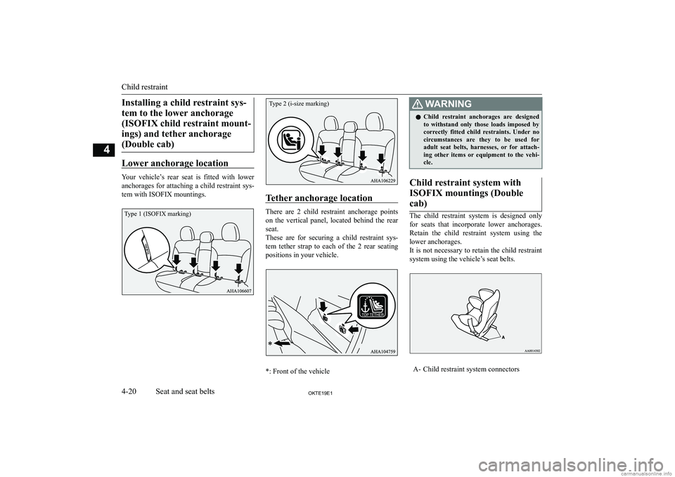 MITSUBISHI L200 2019   (in English) Manual PDF �I�n�s�t�a�l�l�i�n�g� �a� �c�h�i�l�d� �r�e�s�t�r�a�i�n�t� �s�y�s�-�t�e�m� �t�o� �t�h�e� �l�o�w�e�r� �a�n�c�h�o�r�a�g�e �(�I�S�O�F�I�X� �c�h�i�l�d� �r�e�s�t�r�a�i�n�t� �m�o�u�n�t�-�i�n�g�s�)� �a�n�d� �