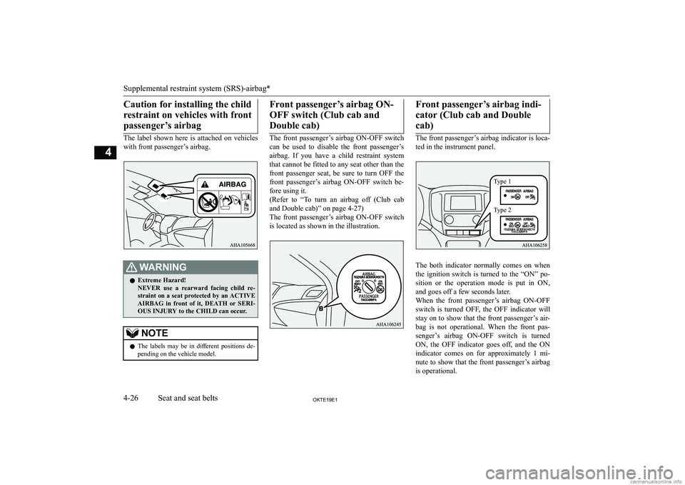MITSUBISHI L200 2019   (in English) Manual PDF �C�a�u�t�i�o�n� �f�o�r� �i�n�s�t�a�l�l�i�n�g� �t�h�e� �c�h�i�l�d�r�e�s�t�r�a�i�n�t� �o�n� �v�e�h�i�c�l�e�s� �w�i�t�h� �f�r�o�n�t�p�a�s�s�e�n�g�e�r�