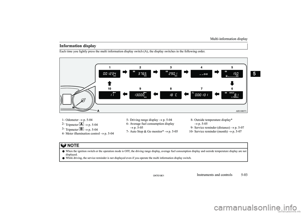 MITSUBISHI L200 2019   (in English) Owners Manual �I�n�f�o�r�m�a�t�i�o�n� �d�i�s�p�l�a�y
�E�a�c�h� �t�i�m�e� �y�o�u� �l�i�g�h�t�l�y� �p�r�e�s�s� �t�h�e� �m�u�l�t�i� �i�n�f�o�r�m�a�t�i�o�n� �d�i�s�p�l�a�y� �s�w�i�t�c�h� �(�A�)�,� �t�h�e� �d�i�s�p�l�a�