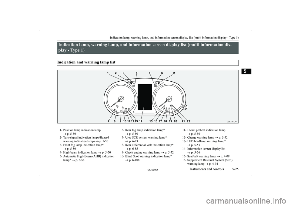 MITSUBISHI L200 2020  Owners Manual (in English) �I�n�d�i�c�a�t�i�o�n� �l�a�m�p�,� �w�a�r�n�i�n�g� �l�a�m�p�,� �a�n�d� �i�n�f�o�r�m�a�t�i�o�n� �s�c�r�e�e�n� �d�i�s�p�l�a�y� �l�i�s�t� �(�m�u�l�t�i� �i�n�f�o�r�m�a�t�i�o�n� �d�i�s�-�p�l�a�y� �-� �T�y�p
