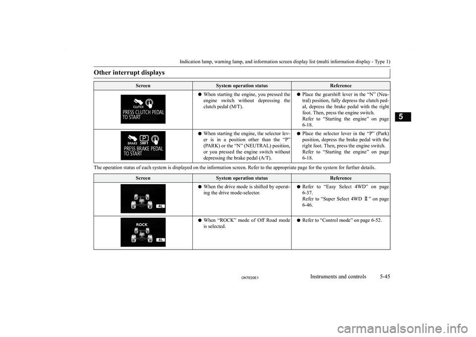 MITSUBISHI L200 2020  Owners Manual (in English) �O�t�h�e�r� �i�n�t�e�r�r�u�p�t� �d�i�s�p�l�a�y�s�S�c�r�e�e�n�S�y�s�t�e�m� �o�p�e�r�a�t�i�o�n� �s�t�a�t�u�s�R�e�f�e�r�e�n�c�e�z�W�h�e�n� �s�t�a�r�t�i�n�g� �t�h�e� �e�n�g�i�n�e�,� �y�o�u� �p�r�e�s�s�e�d