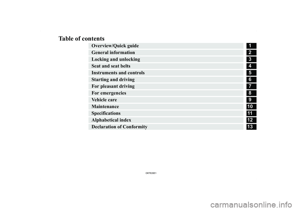 MITSUBISHI L200 2020  Owners Manual (in English) �T�a�b�l�e� �o�f� �c�o�n�t�e�n�t�s�O�v�e�r�v�i�e�w�/�Q�u�i�c�k� �g�u�i�d�e�1�G�e�n�e�r�a�l� �i�n�f�o�r�m�a�t�i�o�n�2�L�o�c�k�i�n�g� �a�n�d� �u�n�l�o�c�k�i�n�g�3�S�e�a�t� �a�n�d� �s�e�a�t� �b�e�l�t�s�4