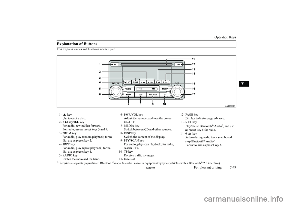 MITSUBISHI L200 2020  Owners Manual (in English) �E�x�p�l�a�n�a�t�i�o�n� �o�f� �B�u�t�t�o�n�s
�T�h�i�s� �e�x�p�l�a�i�n�s� �n�a�m�e�s� �a�n�d� �f�u�n�c�t�i�o�n�s� �o�f� �e�a�c�h� �p�a�r�t�.
�1�-� �k�e�y
�U�s�e� �t�o� �e�j�e�c�t� �a� �d�i�s�c�.
�2�- �