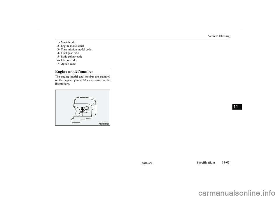 MITSUBISHI L200 2020  Owners Manual (in English) �1�- �M�o�d�e�l� �c�o�d�e
�2�- �E�n�g�i�n�e� �m�o�d�e�l� �c�o�d�e
�3�- �T�r�a�n�s�m�i�s�s�i�o�n� �m�o�d�e�l� �c�o�d�e
�4�- �F�i�n�a�l� �g�e�a�r� �r�a�t�i�o
�5�- �B�o�d�y� �c�o�l�o�u�r� �c�o�d�e
�6�- �