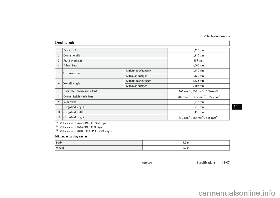 MITSUBISHI L200 2020  Owners Manual (in English) �D�o�u�b�l�e� �c�a�b�1�F�r�o�n�t� �t�r�a�c�k�1�,�5�2�0� �m�m�2�O�v�e�r�a�l�l� �w�i�d�t�h�1�,�8�1�5� �m�m�3�F�r�o�n�t� �o�v�e�r�h�a�n�g�8�8�5� �m�m�4�W�h�e�e�l� �b�a�s�e�3�,�0�0�0� �m�m�5�R�e�a�r� �o�v