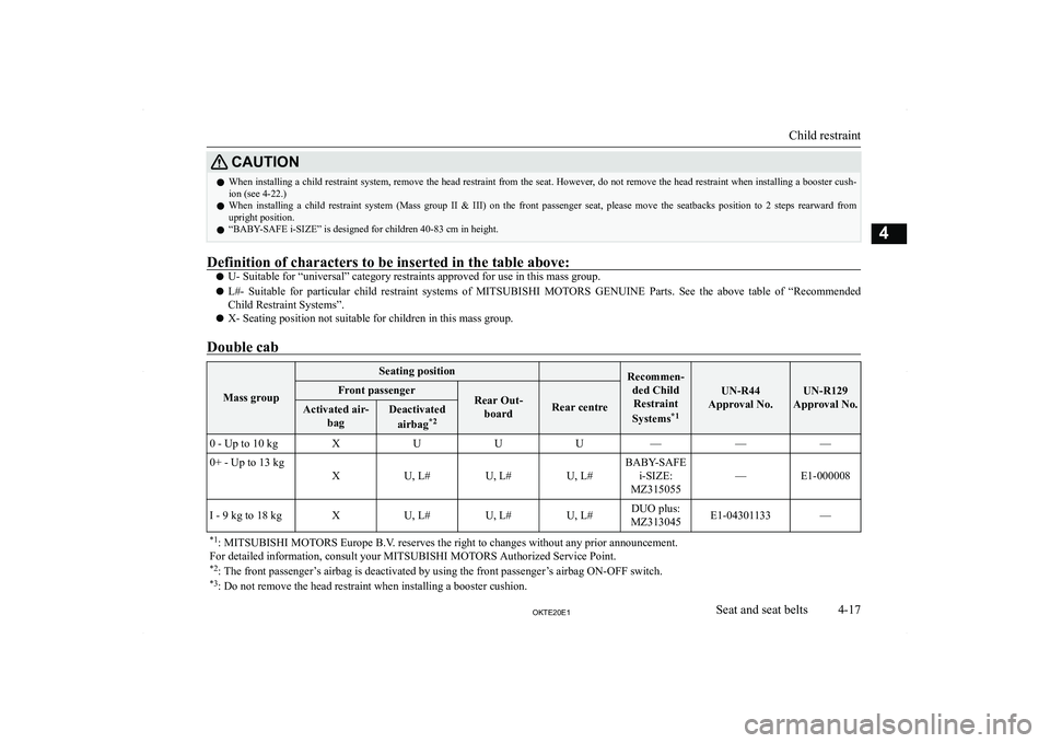 MITSUBISHI L200 2020   (in English) Manual PDF �C�A�U�T�,�O�N�z�W�h�e�n� �i�n�s�t�a�l�l�i�n�g� �a� �c�h�i�l�d� �r�e�s�t�r�a�i�n�t� �s�y�s�t�e�m�,� �r�e�m�o�v�e� �t�h�e� �h�e�a�d� �r�e�s�t�r�a�i�n�t� �f�r�o�m� �t�h�e� �s�e�a�t�.� �H�o�w�e�v�e�r�,� 