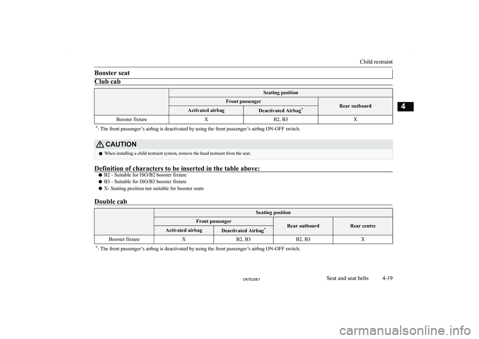 MITSUBISHI L200 2020   (in English) Manual PDF �B�o�o�s�t�e�r� �s�e�a�t�C�l�u�b� �c�a�b�S�e�a�t�i�n�g� �p�o�s�i�t�i�o�n�F�r�o�n�t� �p�a�s�s�e�n�g�e�r
�R�e�a�r� �o�u�t�b�o�a�r�d�A�c�t�i�v�a�t�e�d� �a�i�r�b�a�g�D�e�a�c�t�i�v�a�t�e�d� �A�i�r�b�a�g�*�