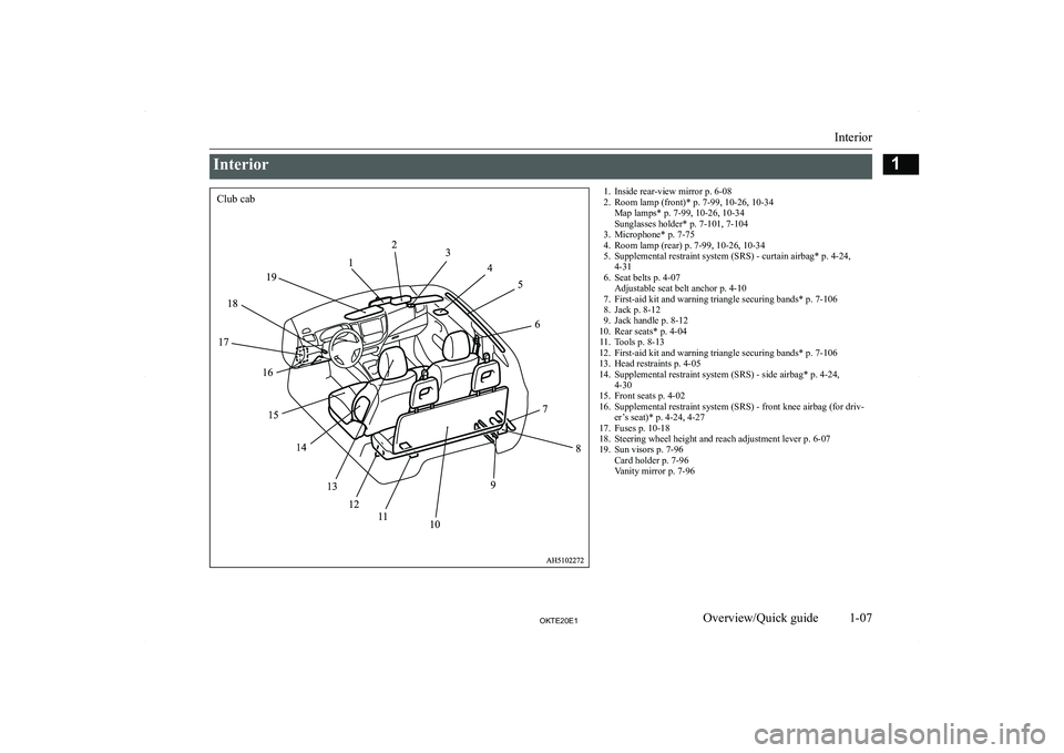 MITSUBISHI L200 2020  Owners Manual (in English) �I�n�t�e�r�i�o�r� �1�. �I�n�s�i�d�e� �r�e�a�r�-�v�i�e�w� �m�i�r�r�o�r� �p�.� �6�-�0�8
�2�. �R�o�o�m� �l�a�m�p� �(�f�r�o�n�t�)�*� �p�.� �7�-�9�9�,� �1�0�-�2�6�,� �1�0�-�3�4 �M�a�p� �l�a�m�p�s�*� �p�.� 