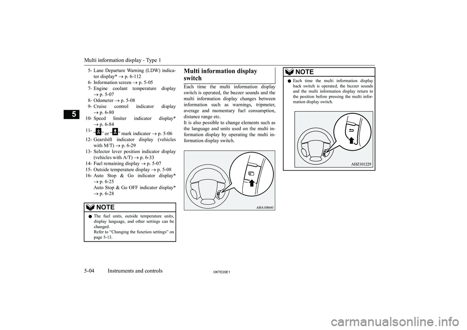 MITSUBISHI L200 2020   (in English) Owners Manual �5�-�L�a�n�e�  �D�e�p�a�r�t�u�r�e�  �W�a�r�n�i�n�g�  �(�L�D�W�)�  �i�n�d�i�c�a�-
�t�o�r� �d�i�s�p�l�a�y�*�  �o� �p�.� �6�-�1�1�2
�6�- �I�n�f�o�r�m�a�t�i�o�n� �s�c�r�e�e�n�  �o� �p�.� �5�-�0�5
�7�- �E�