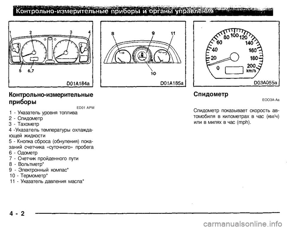 MITSUBISHI PAJERO SPORT 2004 (in English) Repair Manual Контрольно-измерительные
приборы
ED01 АРМ 1 - Указатель уровня топлива
2 - Спидометр
3 - Тахометр
4 -Указатель т MITSUBISHI PAJERO SPORT 2004 (in English) Repair Manual Контрольно-измерительные
приборы
ED01 АРМ 1 - Указатель уровня топлива
2 - Спидометр
3 - Тахометр
4 -Указатель т