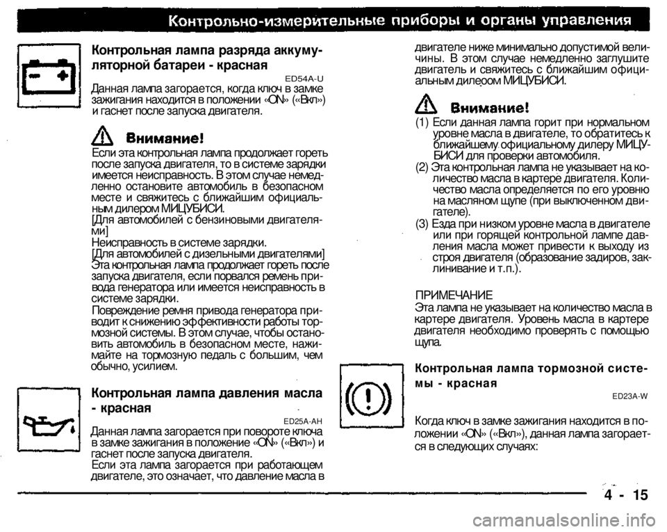 MITSUBISHI PAJERO SPORT 2004   (in English) Manual PDF 
Контрольная лампа разряда аккуму­
ляторной батареи - красная 
ED54A-U 
Данная лампа загорается, когда ключ в зам