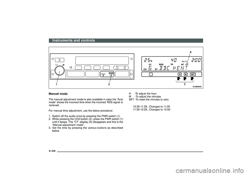 MITSUBISHI SHOGUN 2003 Owners Manual (in English) G15B094D
Manual modeThe manual adjustment mode is also available in case the“Auto
mode ”show sth e incorrec ttim ewhe nthe incorrect
RDS signal
is
recieved .
For manual time adjustment, use th MITSUBISHI SHOGUN 2003 Owners Manual (in English) G15B094D
Manual modeThe manual adjustment mode is also available in case the“Auto
mode ”show sth e incorrec ttim ewhe nthe incorrect
RDS signal
is
recieved .
For manual time adjustment, use th