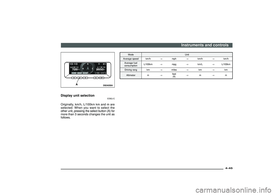 MITSUBISHI SHOGUN 2003   (in English) Owners Guide D92A058A
Display unit selection
ED92J-C
Originally, km/h, L/100km km and m are
selected. When you want to select the
other unit, pressing the select button (A) for
more than 3 seconds changes the unit