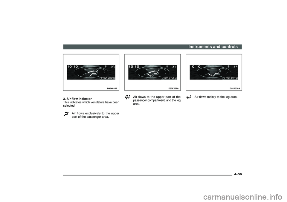 MITSUBISHI SHOGUN 2003 Owners Manual (in English) D92K026A
3. Air flow indicator
This indicates which ventilators have been
selected.
Air flows exclusively to the upper
part of the passenger area.
D92K027A
Air flows to the upper part of the
passenger MITSUBISHI SHOGUN 2003 Owners Manual (in English) D92K026A
3. Air flow indicator
This indicates which ventilators have been
selected.
Air flows exclusively to the upper
part of the passenger area.
D92K027A
Air flows to the upper part of the
passenger