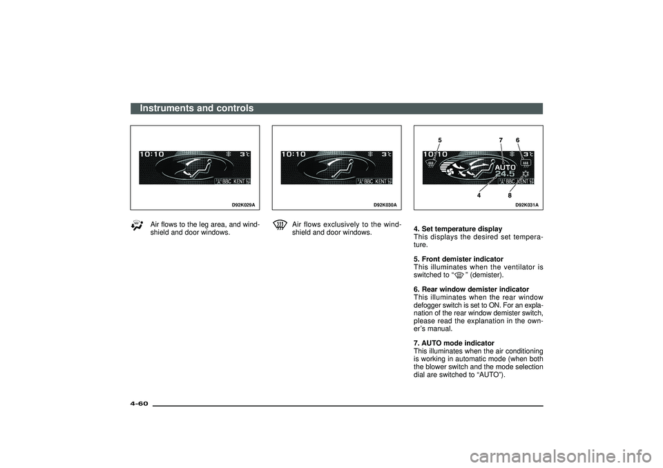 MITSUBISHI SHOGUN 2003 (in English) Owners Guide D92K029A
Air flows to the leg area, and wind-
shield and door windows.
D92K030A
Air flows exclusively to the wind-
shield and door windows.
D92K031A
4. Set temperature display
This displays the desire MITSUBISHI SHOGUN 2003 (in English) Owners Guide D92K029A
Air flows to the leg area, and wind-
shield and door windows.
D92K030A
Air flows exclusively to the wind-
shield and door windows.
D92K031A
4. Set temperature display
This displays the desire
