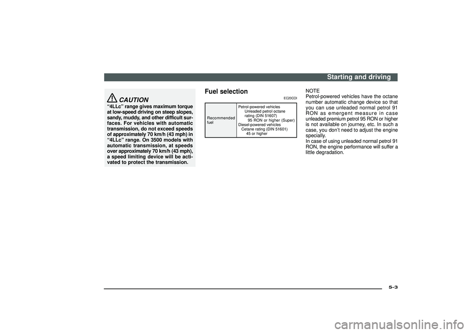 MITSUBISHI SHOGUN 2003   (in English) Owners Guide CAUTION
“4LLc”range gives maximum torque
at low-speed driving on steep slopes,
sandy, muddy, and other difficult sur-
faces. For vehicles with automatic
transmission, do not exceed speeds
of appro