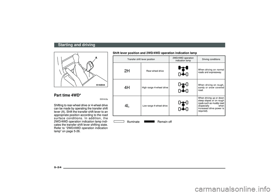 MITSUBISHI SHOGUN 2003  Owners Manual (in English) I31A054A
Part time 4WD*
EI31A-Da
Shifting to rear-wheel drive or 4-wheel drive
can be made by operating the transfer shift
lever (A). Shift the transfer shift lever to an
appropriate position accordin