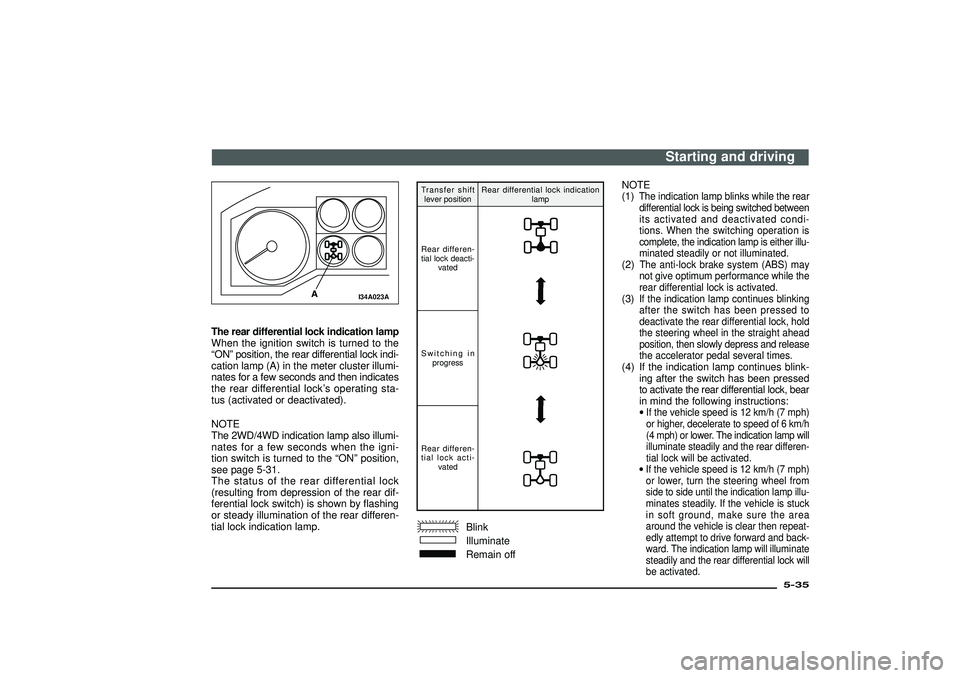 MITSUBISHI SHOGUN 2003  Owners Manual (in English) I34A023A
The rear differential lock indication lamp
When the ignition switch is turned to the
“ON”position, the rear differential lock indi-
cation lamp (A) in the meter cluster illumi-
nates for 