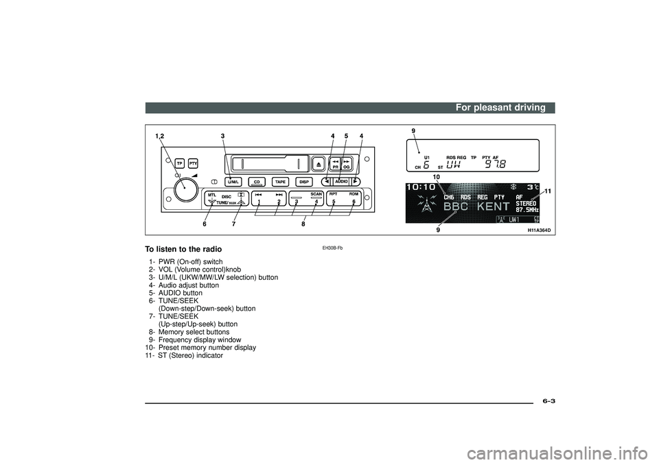 MITSUBISHI SHOGUN 2003 (in English) Service Manual H11A364D
To listen to the radio
EH30B-Fb
1- PWR (On-off) switch
2- VOL (Volume control)knob
3- U/M/L (UKW/MW/LW selection) button
4- Audio adjust button
5- AUDIO button
6- TUNE/SEEK
(Down-step/Down-se MITSUBISHI SHOGUN 2003 (in English) Service Manual H11A364D
To listen to the radio
EH30B-Fb
1- PWR (On-off) switch
2- VOL (Volume control)knob
3- U/M/L (UKW/MW/LW selection) button
4- Audio adjust button
5- AUDIO button
6- TUNE/SEEK
(Down-step/Down-se