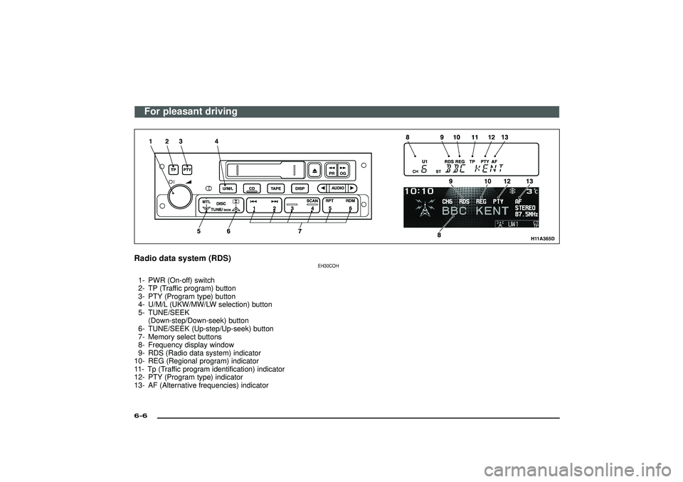 MITSUBISHI SHOGUN 2003 (in English) Service Manual H11A365D
Radio data system (RDS)
EH30COH
1- PWR (On-off) switch
2- TP (Traffic program) button
3- PTY (Program type) button
4- U/M/L (UKW/MW/LW selection) button
5- TUNE/SEEK
(Down-step/Down-seek) but MITSUBISHI SHOGUN 2003 (in English) Service Manual H11A365D
Radio data system (RDS)
EH30COH
1- PWR (On-off) switch
2- TP (Traffic program) button
3- PTY (Program type) button
4- U/M/L (UKW/MW/LW selection) button
5- TUNE/SEEK
(Down-step/Down-seek) but