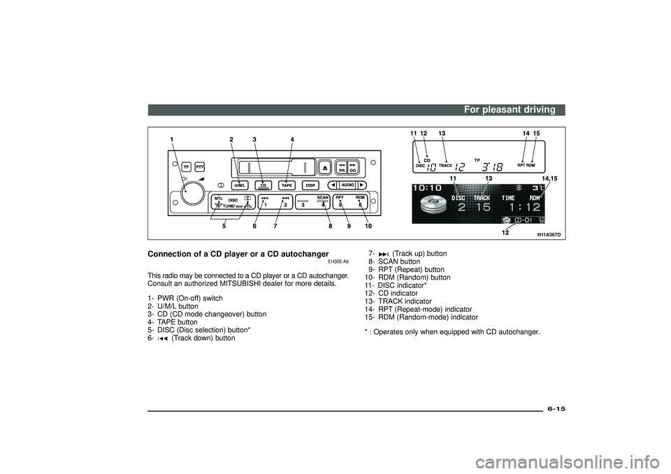 MITSUBISHI SHOGUN 2003 Owners Manual (in English) H11A367D
Connection of a CD player or a CD autochanger
EH30E-Ab
This radio may be connected to a CD player or a CD autochanger.
Consult an authorized MITSUBISHI dealer for more details.
1- PWR (On-off MITSUBISHI SHOGUN 2003 Owners Manual (in English) H11A367D
Connection of a CD player or a CD autochanger
EH30E-Ab
This radio may be connected to a CD player or a CD autochanger.
Consult an authorized MITSUBISHI dealer for more details.
1- PWR (On-off