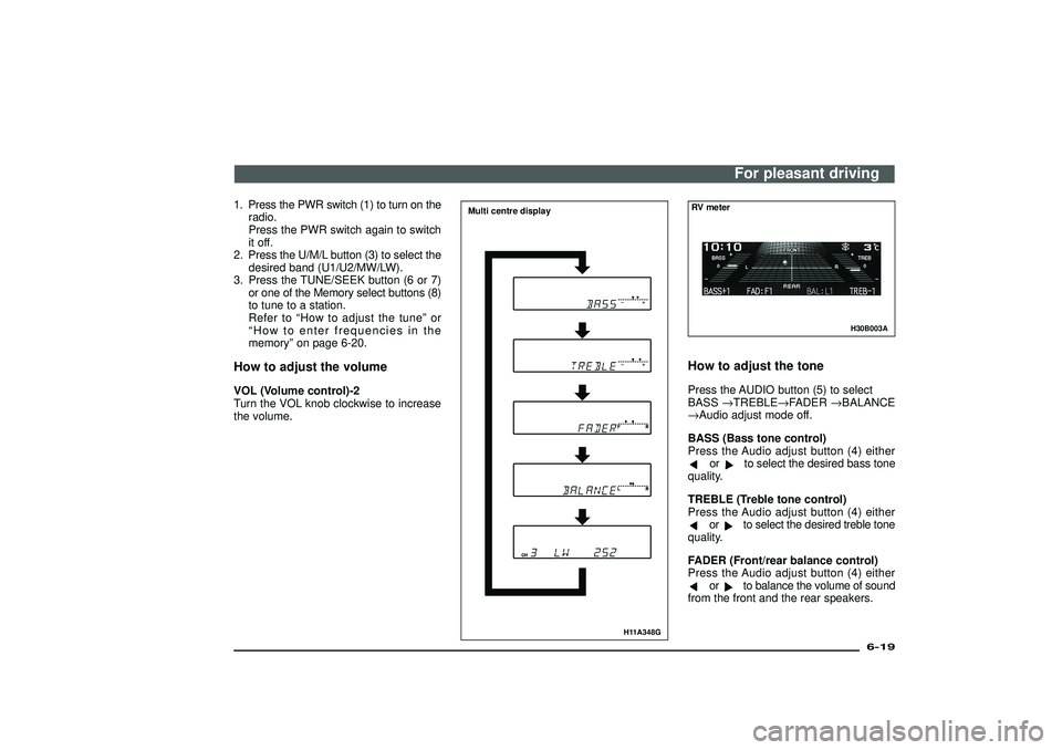MITSUBISHI SHOGUN 2003   (in English) User Guide 1. Press the PWR switch (1) to turn on the
radio.
Press the PWR switch again to switch
it off.
2. Press the U/M/L button (3) to select the
desired band (U1/U2/MW/LW).
3. Press the TUNE/SEEK button (6 