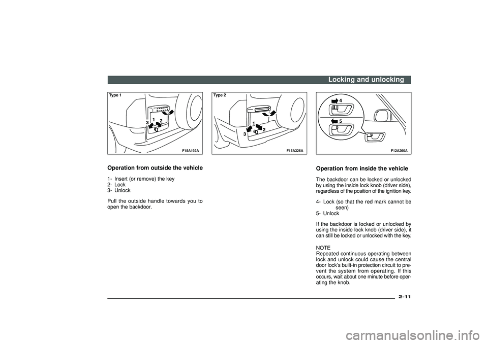 MITSUBISHI SHOGUN 2003 (in English) Owners Guide F15A192A
Type 1Operation from outside the vehicle1- Insert (or remove) the key
2- Lock
3- Unlock
Pull the outside handle towards you to
open the backdoor.
F15A326A
Type 2
F12A260A
Operation from insid MITSUBISHI SHOGUN 2003 (in English) Owners Guide F15A192A
Type 1Operation from outside the vehicle1- Insert (or remove) the key
2- Lock
3- Unlock
Pull the outside handle towards you to
open the backdoor.
F15A326A
Type 2
F12A260A
Operation from insid