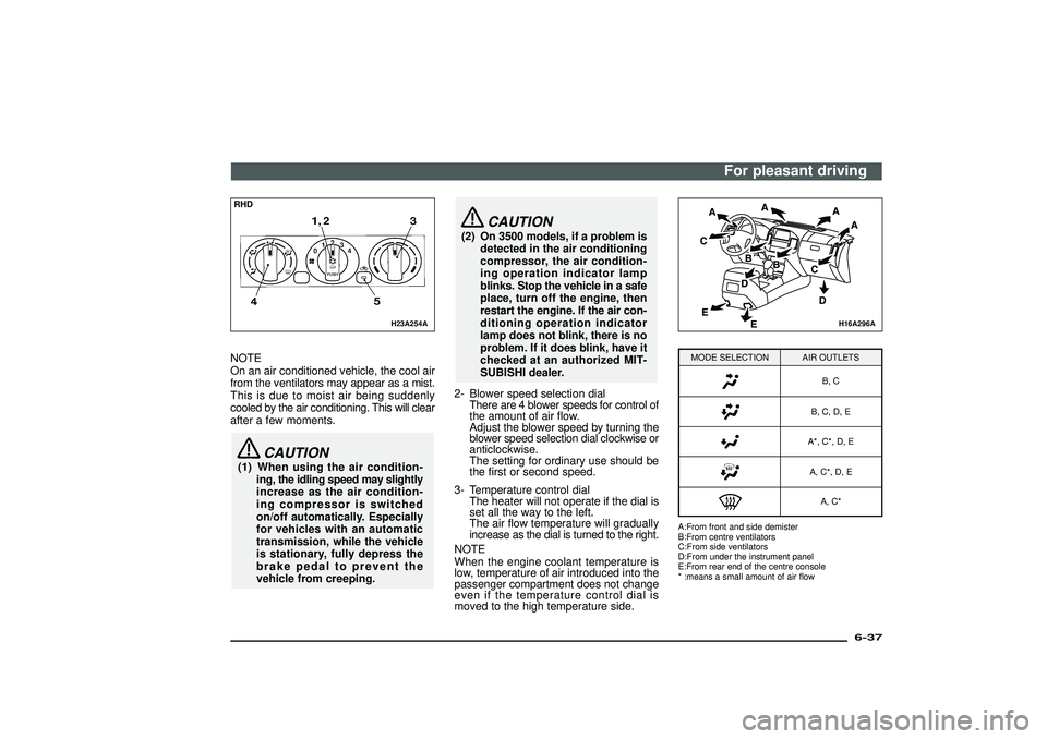 MITSUBISHI SHOGUN 2003 Owners Manual (in English) H23A254A
RHDNOTE
On an air conditioned vehicle, the cool air
from the ventilators may appear as a mist.
This is due to moist air being suddenly
cooled by the air conditioning. This will clear
after a MITSUBISHI SHOGUN 2003 Owners Manual (in English) H23A254A
RHDNOTE
On an air conditioned vehicle, the cool air
from the ventilators may appear as a mist.
This is due to moist air being suddenly
cooled by the air conditioning. This will clear
after a