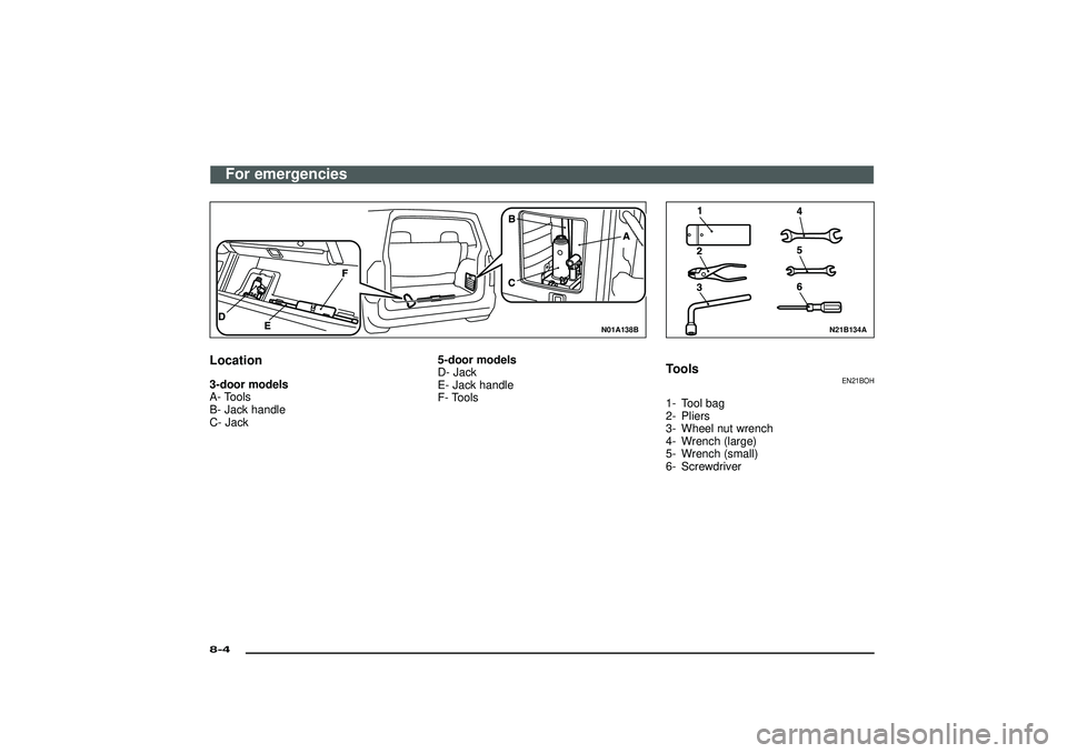 MITSUBISHI SHOGUN 2003  Owners Manual (in English) N01A138B
Location3-door models
A- Tools
B- Jack handle
C- Jack5-door models
D- Jack
E- Jack handle
F- Tools
N21B134A
Tools
EN21BOH
1- Tool bag
2- Pliers
3- Wheel nut wrench
4- Wrench (large)
5- Wrench