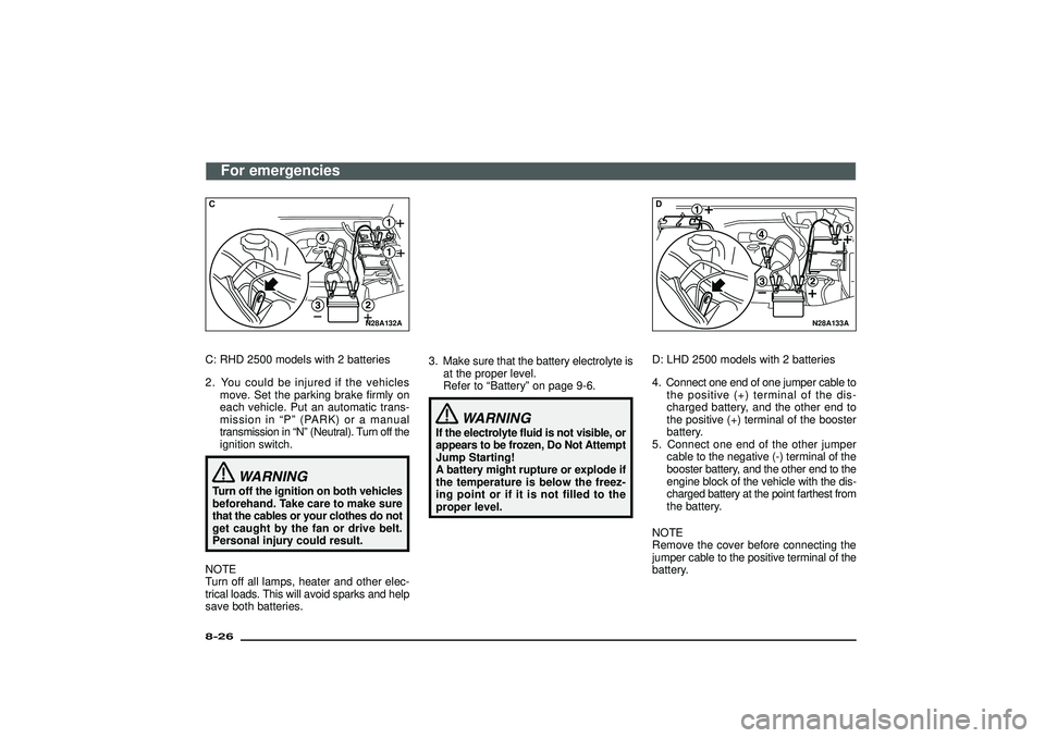 MITSUBISHI SHOGUN 2003  Owners Manual (in English) N28A132A
CC: RHD 2500 models with 2 batteries
2. You could be injured if the vehicles
move. Set the parking brake firmly on
each vehicle. Put an automatic trans-
mission in“P”(PARK) or a manual
tr