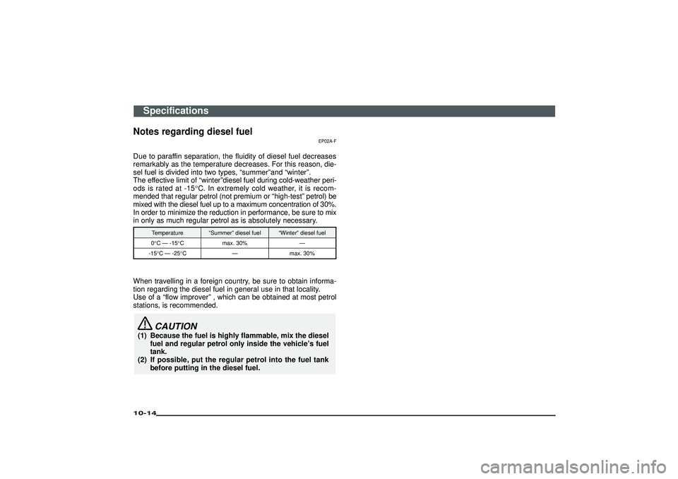 MITSUBISHI SHOGUN 2003 Owners Manual (in English) Notes regarding diesel fuel
EP02A-F
Due to paraffin separation, the fluidity of diesel fuel decreases
remarkably as the temperature decreases. For this reason, die-
sel fuel is divided into two types, MITSUBISHI SHOGUN 2003 Owners Manual (in English) Notes regarding diesel fuel
EP02A-F
Due to paraffin separation, the fluidity of diesel fuel decreases
remarkably as the temperature decreases. For this reason, die-
sel fuel is divided into two types,