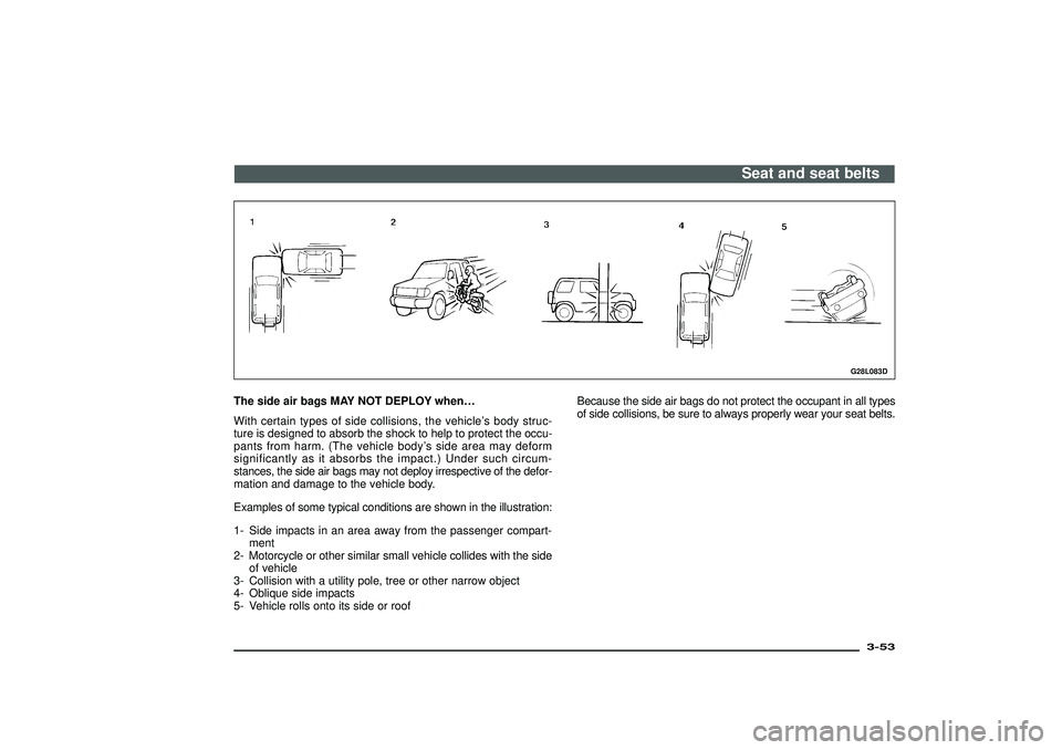 MITSUBISHI SHOGUN 2003 (in English) Manual Online G28L083D
The side air bags MAY NOT DEPLOY when…
With certain types of side collisions, the vehicle’s body struc-
ture is designed to absorb the shock to help to protect the occu-
pants from harm. MITSUBISHI SHOGUN 2003 (in English) Manual Online G28L083D
The side air bags MAY NOT DEPLOY when…
With certain types of side collisions, the vehicle’s body struc-
ture is designed to absorb the shock to help to protect the occu-
pants from harm.