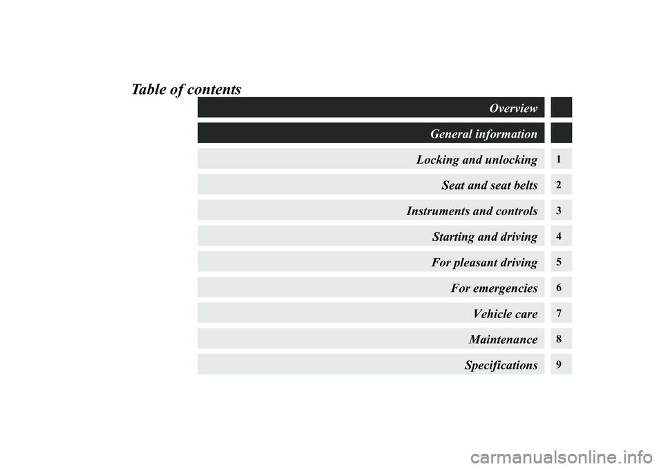 MITSUBISHI SHOGUN 2008  Owners Manual (in English) Table of contents
1 23 4 56 7 89
Overview 
General information 
Locking and unlocking
Seat and seat belts 
Instruments and controls 
Starting and drivingFor pleasant driving 
For emergencies 
Vehicle 