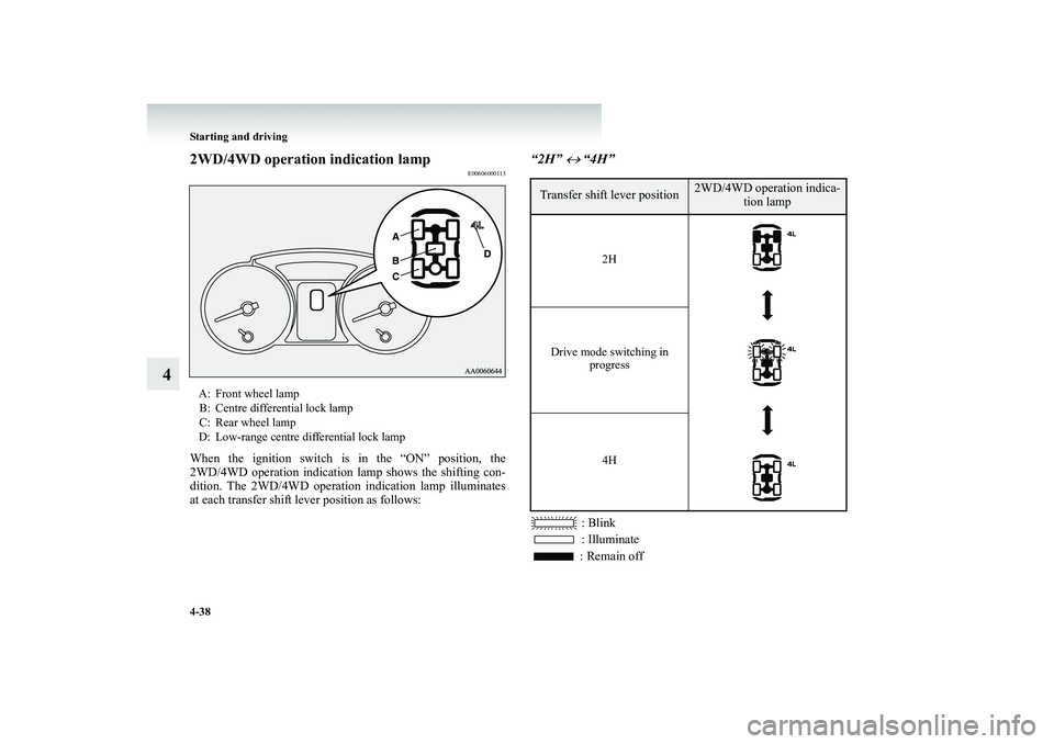 MITSUBISHI SHOGUN 2008 Owners Manual (in English) 4-38 Starting and driving
4
2WD/4WD operation indication lamp
E00606000113
When the ignition switch is in the “ON” position, the 2WD/4WD operation indication lamp shows the shifting con-dition. Th MITSUBISHI SHOGUN 2008 Owners Manual (in English) 4-38 Starting and driving
4
2WD/4WD operation indication lamp
E00606000113
When the ignition switch is in the “ON” position, the 2WD/4WD operation indication lamp shows the shifting con-dition. Th
