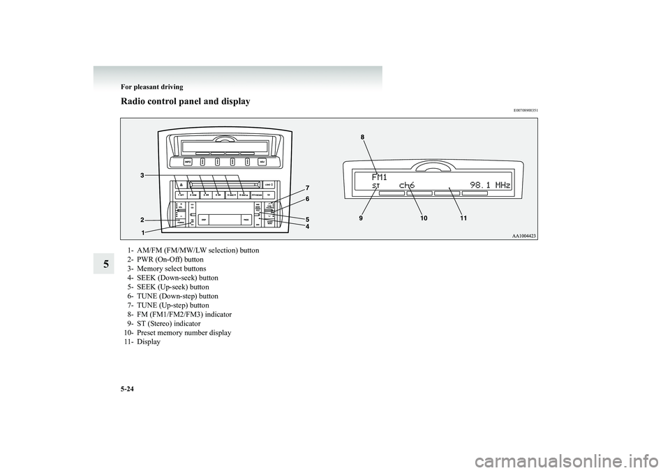 MITSUBISHI SHOGUN 2008 Owners Manual (in English) 5-24 For pleasant driving
5
Radio control panel and display
E00708900351
1- AM/FM (FM/MW/LW selection) button 2- PWR (On-Off) button 3- Memory select buttons4- SEEK (Down-seek) button 5- SEEK (Up-seek MITSUBISHI SHOGUN 2008 Owners Manual (in English) 5-24 For pleasant driving
5
Radio control panel and display
E00708900351
1- AM/FM (FM/MW/LW selection) button 2- PWR (On-Off) button 3- Memory select buttons4- SEEK (Down-seek) button 5- SEEK (Up-seek
