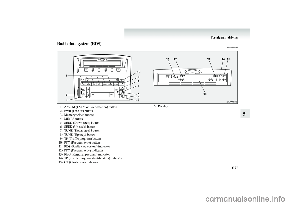 MITSUBISHI SHOGUN 2008  Owners Manual (in English) For pleasant driving 
5-27
5
Radio data system (RDS)
E00709200162
1- AM/FM (FM/MW/LW selection) button 2- PWR (On-Off) button3- Memory select buttons 4- MENU button 5- SEEK (Down-seek) button6- SEEK (