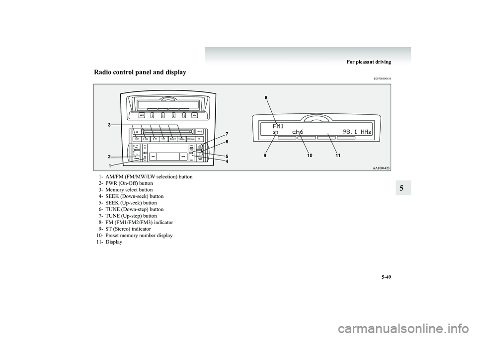 MITSUBISHI SHOGUN 2008  Owners Manual (in English) For pleasant driving 
5-49
5
Radio control panel and display
E00708900436
1- AM/FM (FM/MW/LW selection) button 2- PWR (On-Off) button3- Memory select button 4- SEEK (Down-seek) button 5- SEEK (Up-seek