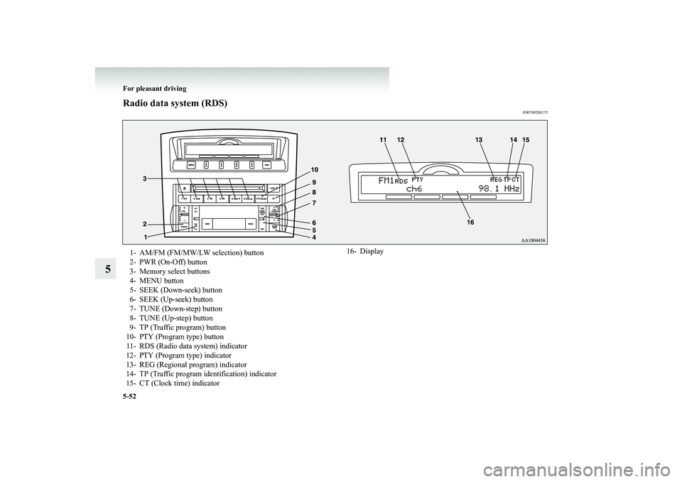 MITSUBISHI SHOGUN 2008  Owners Manual (in English) 5-52 For pleasant driving
5
Radio data system (RDS)
E00709200175
1- AM/FM (FM/MW/LW selection) button 2- PWR (On-Off) button3- Memory select buttons 4- MENU button 5- SEEK (Down-seek) button6- SEEK (U