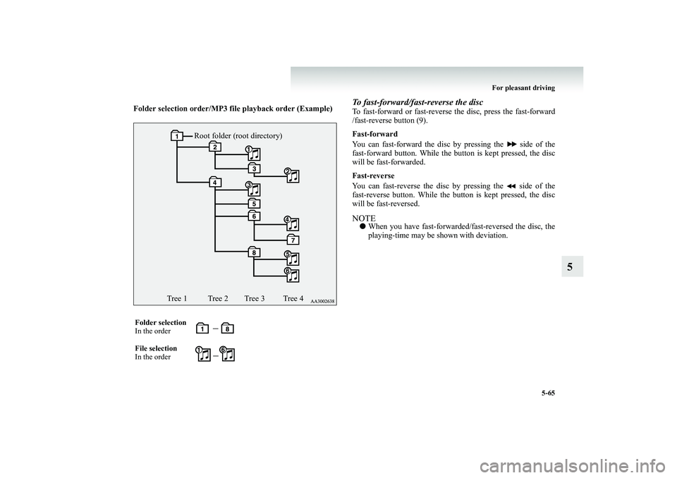 MITSUBISHI SHOGUN 2008 Owners Manual (in English) For pleasant driving
5-65
5
Folder selection ord
er/MP3 file playback order (Example)
To fast-forward/fast-reverse the discTo fast-forward or fast-reverse
the disc, press the fast-forward
/ MITSUBISHI SHOGUN 2008 Owners Manual (in English) For pleasant driving
5-65
5
Folder selection ord
er/MP3 file playback order (Example)
To fast-forward/fast-reverse the discTo fast-forward or fast-reverse
the disc, press the fast-forward
/
