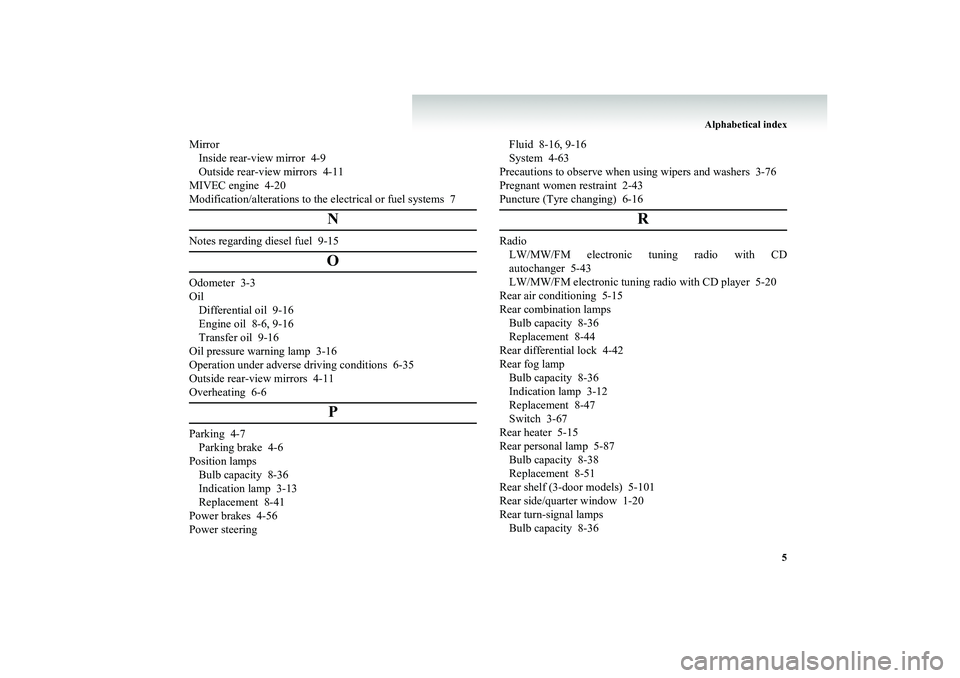 MITSUBISHI SHOGUN 2008 Owners Manual (in English) Alphabetical index
5
Mirror Inside rear-view mirror 4-9Outside rear-view mirrors 4-11MIVEC engine 4-20Modification/alterations to th
e electrical or fuel systems 7N
Notes regarding diesel fuel 9-15
MITSUBISHI SHOGUN 2008 Owners Manual (in English) Alphabetical index
5
Mirror Inside rear-view mirror 4-9Outside rear-view mirrors 4-11MIVEC engine 4-20Modification/alterations to th
e electrical or fuel systems 7N
Notes regarding diesel fuel 9-15