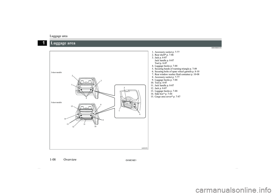 MITSUBISHI SHOGUN 2016  Owners Manual (in English) Luggage areaE00100401351
3-door models1234567891012111314155-door models1. Accessory socket p. 7-772. Rear shelf* p. 7-86
3. Jack p. 8-07 Jack handle p. 8-07
Tool p. 8-07
4. Luggage hooks p. 7-88
5. S