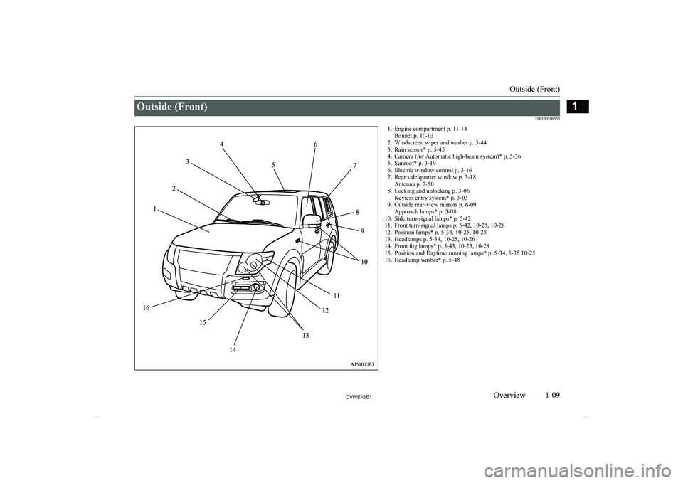 MITSUBISHI SHOGUN 2016  Owners Manual (in English) Outside (Front)E001005069531. Engine compartment p. 11-14Bonnet p. 10-03
2. Windscreen wiper and washer p. 5-44
3. Rain sensor* p. 5-45
4. Camera (for Automatic high-beam system)* p. 5-36
5. Sunroof* 