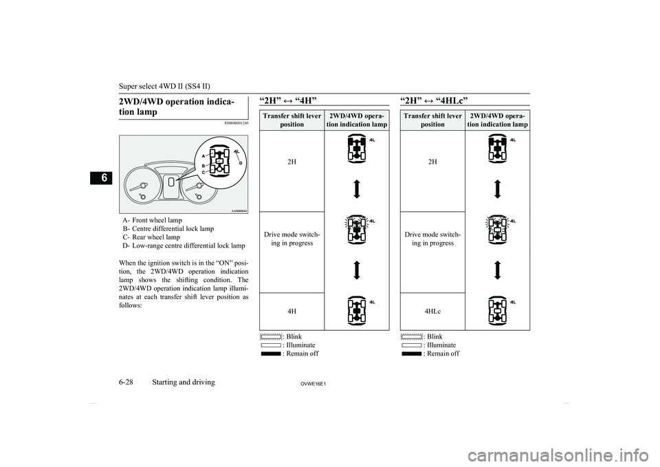 MITSUBISHI SHOGUN 2016 Owners Manual (in English) 2WD/4WD operation indica-tion lamp
E00606001240
A- Front wheel lamp B- Centre differential lock lamp
C- Rear wheel lamp
D- Low-range centre differential lock lamp
When the ignition switch is in the MITSUBISHI SHOGUN 2016 Owners Manual (in English) 2WD/4WD operation indica-tion lamp
E00606001240
A- Front wheel lamp B- Centre differential lock lamp
C- Rear wheel lamp
D- Low-range centre differential lock lamp
When the ignition switch is in the