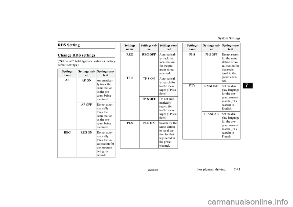 MITSUBISHI SHOGUN 2016 Owners Manual (in English) RDS Setting
Change RDS settings
(“Set value” bold typeface indicates factory
default settings.)
Settings nameSettings val- ueSettings con-tentAFAF ONAutomatical-
ly track the
same station
as MITSUBISHI SHOGUN 2016 Owners Manual (in English) RDS Setting
Change RDS settings
(“Set value” bold typeface indicates factory
default settings.)
Settings nameSettings val- ueSettings con-tentAFAF ONAutomatical-
ly track the
same station
as