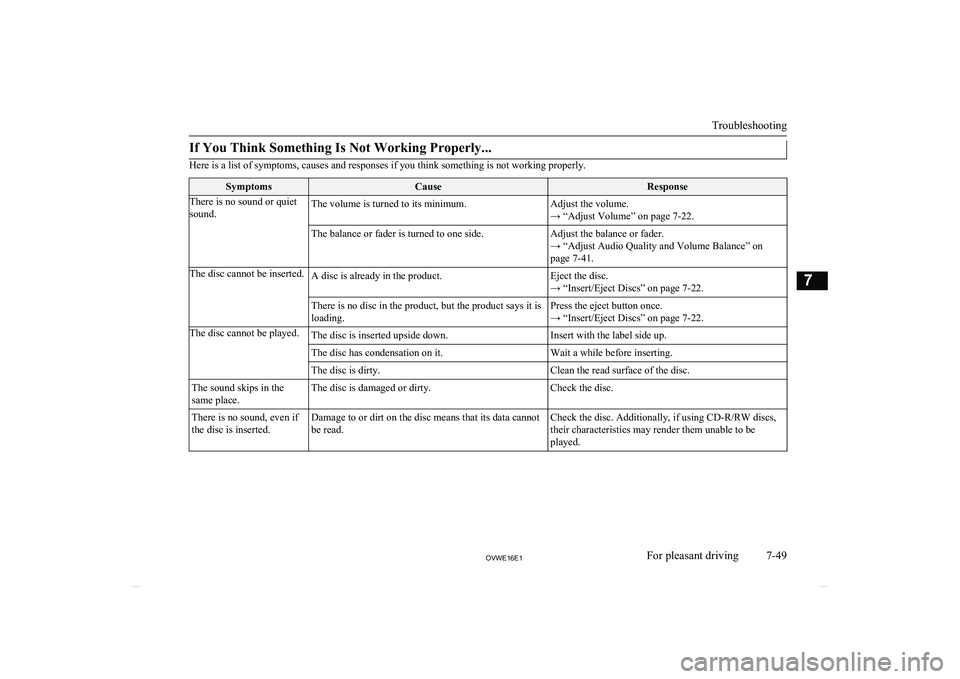 MITSUBISHI SHOGUN 2016 Owners Manual (in English) If You Think Something Is Not Working Properly...
Here is a list of symptoms, causes and responses if you think something is not working properly.
SymptomsCauseResponseThere is no sound or quiet
sound MITSUBISHI SHOGUN 2016 Owners Manual (in English) If You Think Something Is Not Working Properly...
Here is a list of symptoms, causes and responses if you think something is not working properly.
SymptomsCauseResponseThere is no sound or quiet
sound