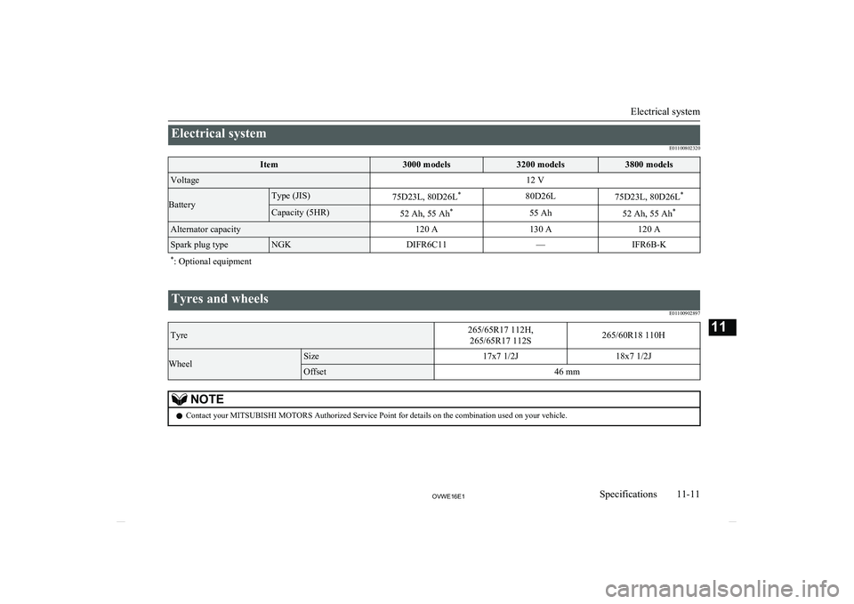 MITSUBISHI SHOGUN 2016  Owners Manual (in English) Electrical systemE01100802320Item3000 models3200 models3800 modelsVoltage12 V
Battery
Type (JIS)75D23L, 80D26L*80D26L75D23L, 80D26L*Capacity (5HR)52 Ah, 55 Ah*55 Ah52 Ah, 55 Ah *Alternator capacity120