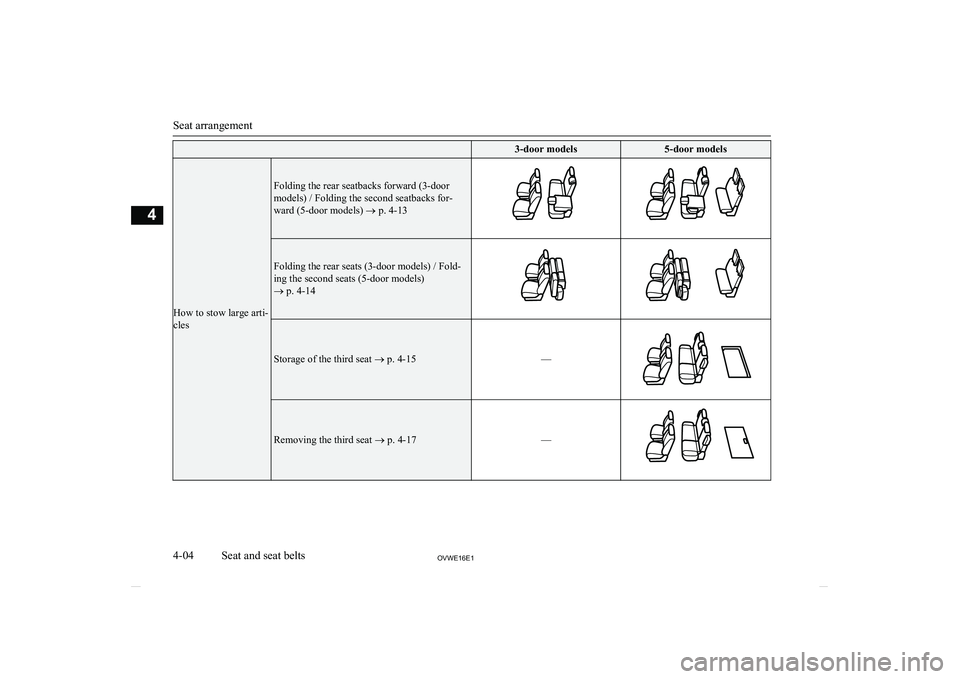 MITSUBISHI SHOGUN 2016 (in English) Service Manual 3-door models5-door models
How to stow large arti-
cles
Folding the rear seatbacks forward (3-door
models) / Folding the second seatbacks for-
ward (5-door models) ® p. 4-13Folding the rear seats ( MITSUBISHI SHOGUN 2016 (in English) Service Manual 3-door models5-door models
How to stow large arti-
cles
Folding the rear seatbacks forward (3-door
models) / Folding the second seatbacks for-
ward (5-door models) ® p. 4-13Folding the rear seats (