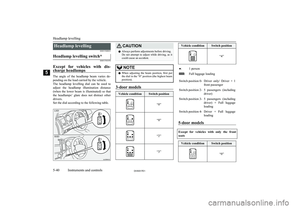 MITSUBISHI SHOGUN 2017 Owners Manual (in English) Headlamp levellingE00517400015Headlamp levelling switch*
E00517501970
Except for vehicles with dis-
charge headlamps
The angle of the headlamp beam varies de- pending on the load carried by MITSUBISHI SHOGUN 2017 Owners Manual (in English) Headlamp levellingE00517400015Headlamp levelling switch*
E00517501970
Except for vehicles with dis-
charge headlamps
The angle of the headlamp beam varies de- pending on the load carried by